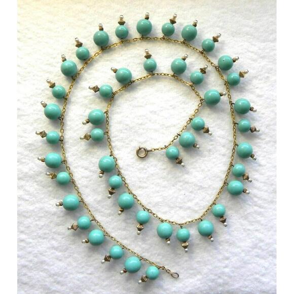 Miriam Haskell Jewelry - Vintage Early Miriam Haskell Turquoise Bead Necklace Pearl Gold Tone